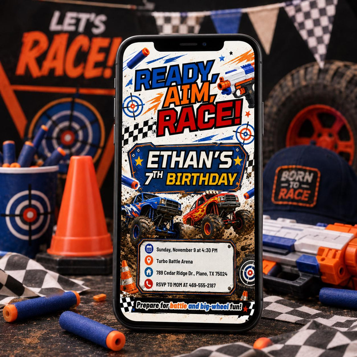 Blue and Orange Monster Truck Birthday Invitation — digital invitation, instant download