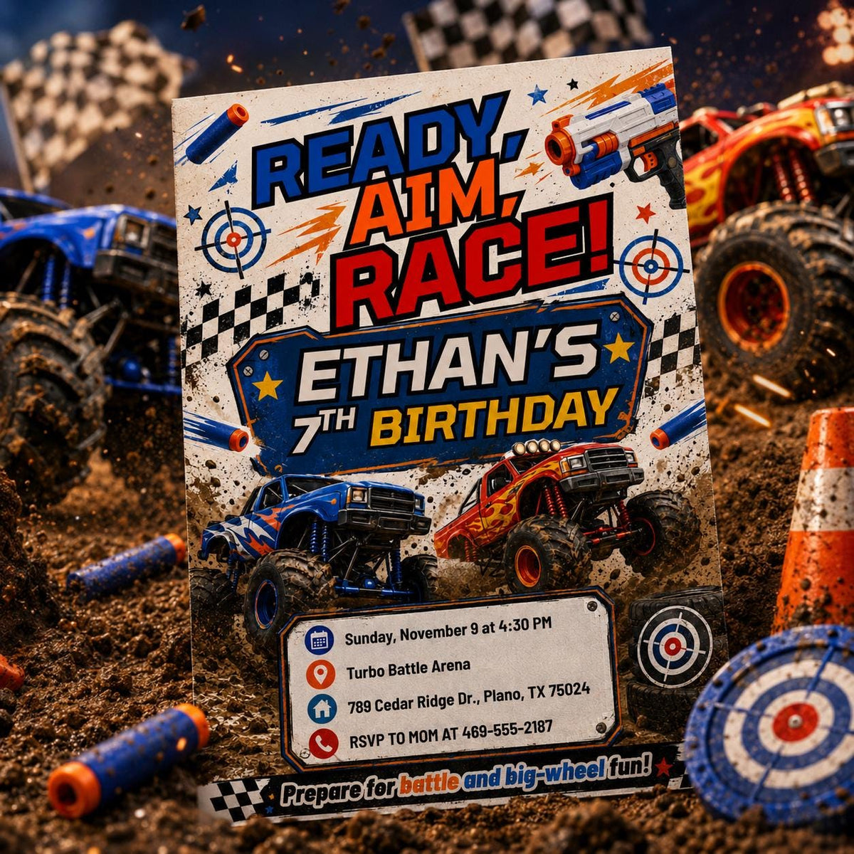 Blue and Orange Monster Truck Birthday Invitation — birthday party stationery by VoltBy