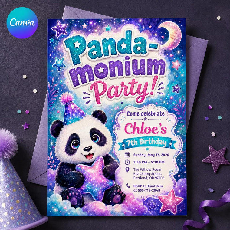 Blue and Purple Galaxy Panda 7th Birthday Invitation for Girls