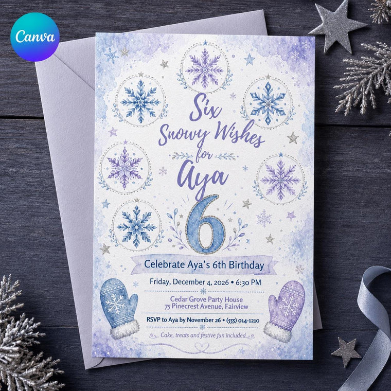 Blue and Purple Winter 6th Birthday Invitation for Girls