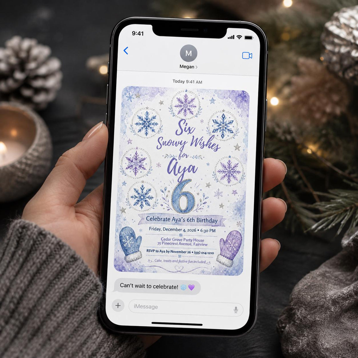 Blue and Purple Winter 6th Birthday Invitation for Girls — snowflake design
