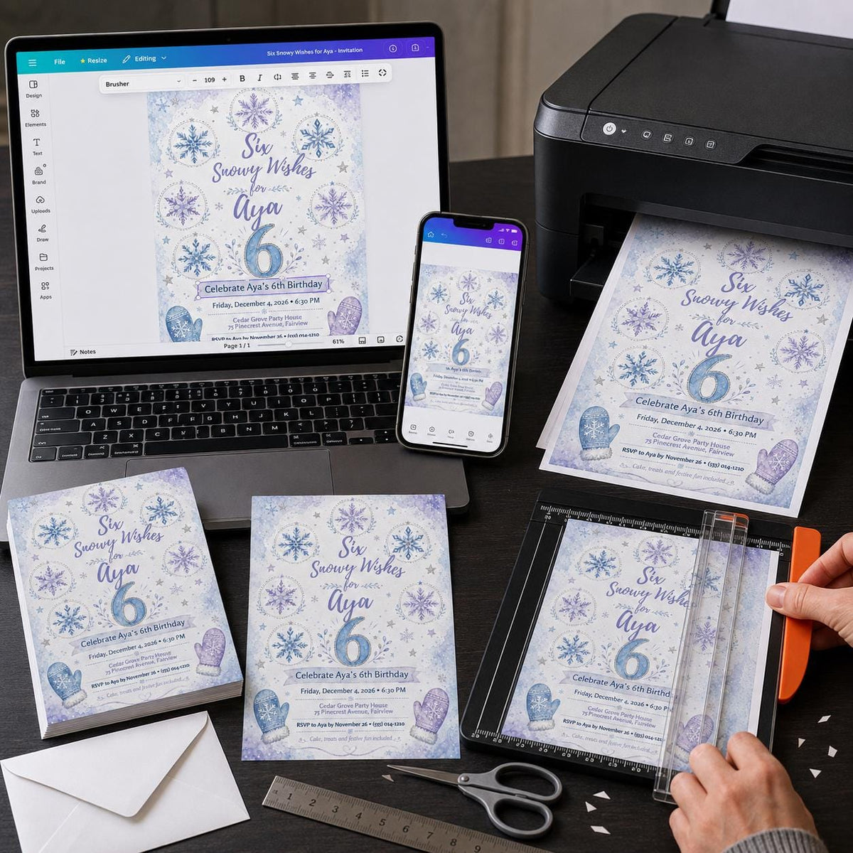 Blue and Purple Winter 6th Birthday Invitation for Girls — print-ready 6th birthday party design from VoltBy