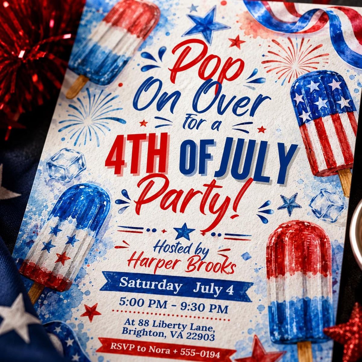 Blue and Red 4th Of July Invitation — patriotic design