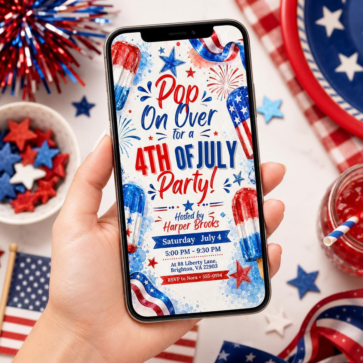 Blue and Red 4th Of July Invitation — digital invitation, instant download