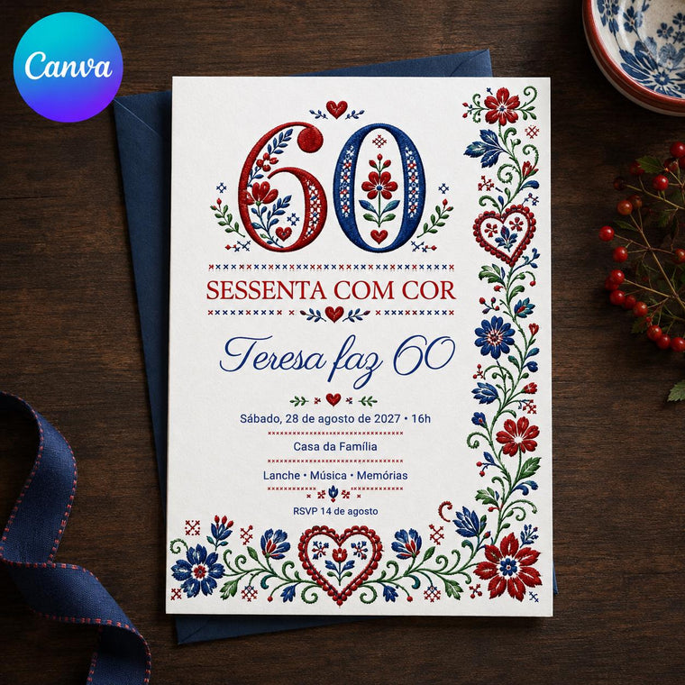Blue and Red 60th Birthday Invitation