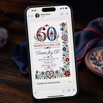 Blue and Red 60th Birthday Invitation — embroidery floral design