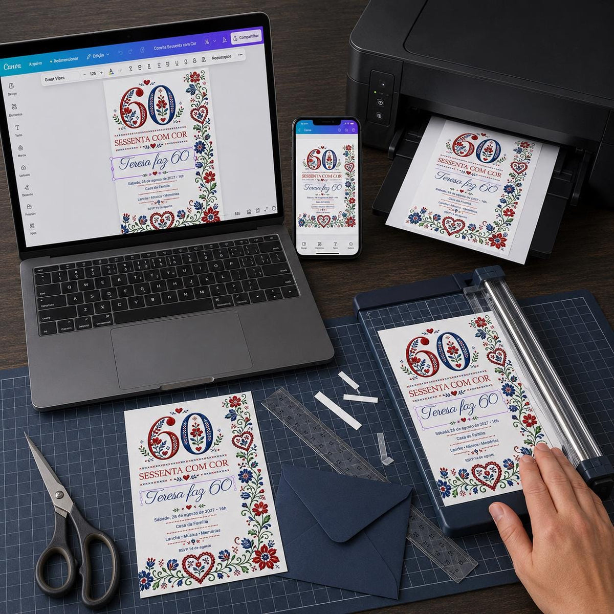 Blue and Red 60th Birthday Invitation — embroidery 60th birthday party design