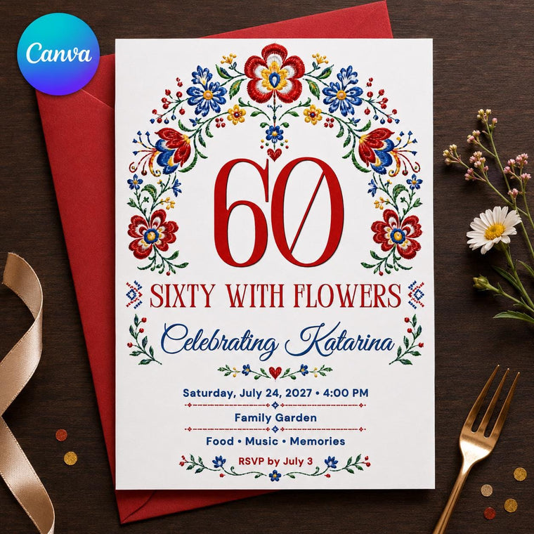 Blue and Red 60th Birthday Invitation for Women