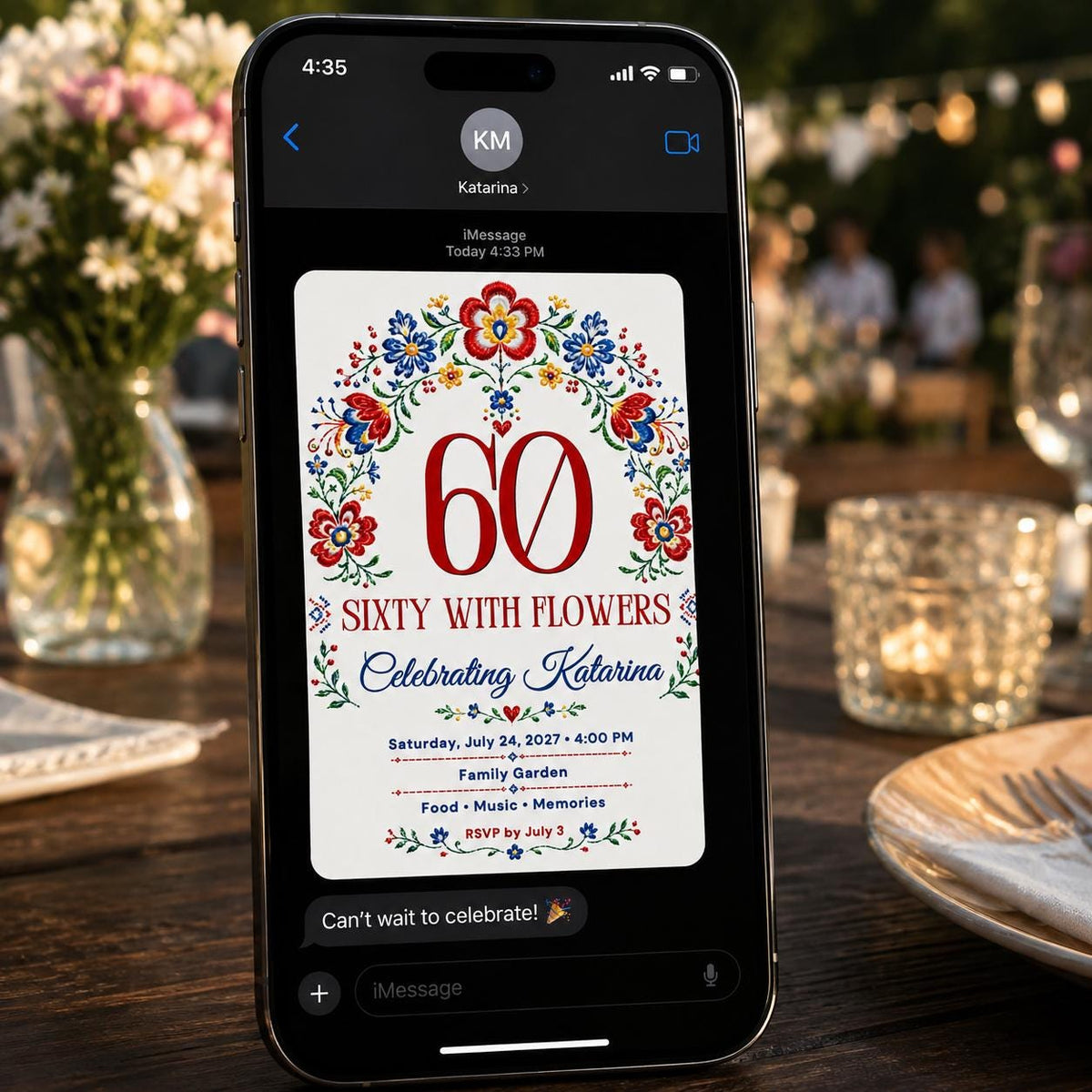 Blue and Red 60th Birthday Invitation for Women — floral garden design