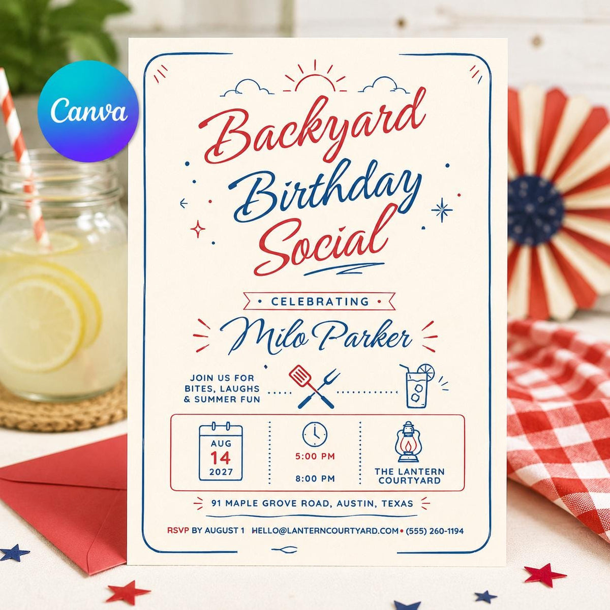 Blue and Red Backyard Birthday Invitation — editable Canva template