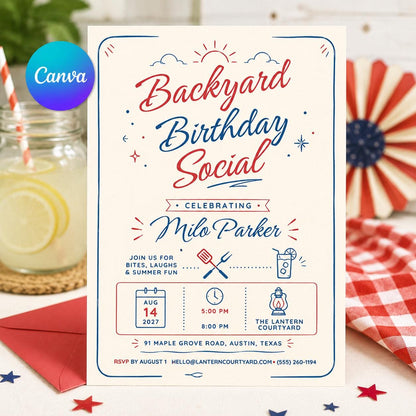 Blue and Red Backyard Birthday Invitation — editable Canva template