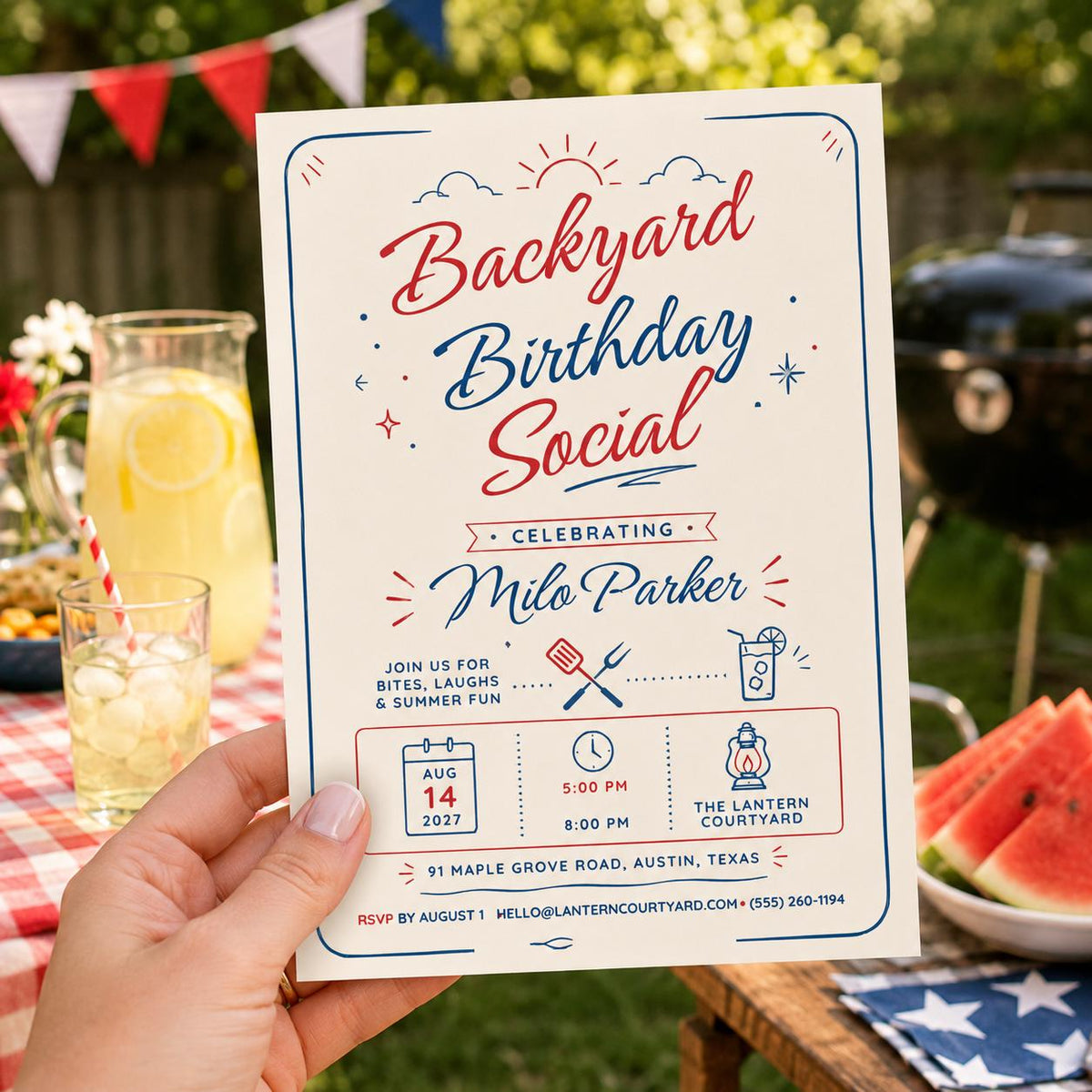 Blue and Red Backyard Birthday Invitation — BBQ design