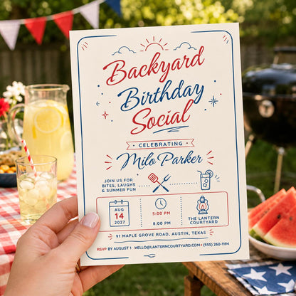 Blue and Red Backyard Birthday Invitation — BBQ design