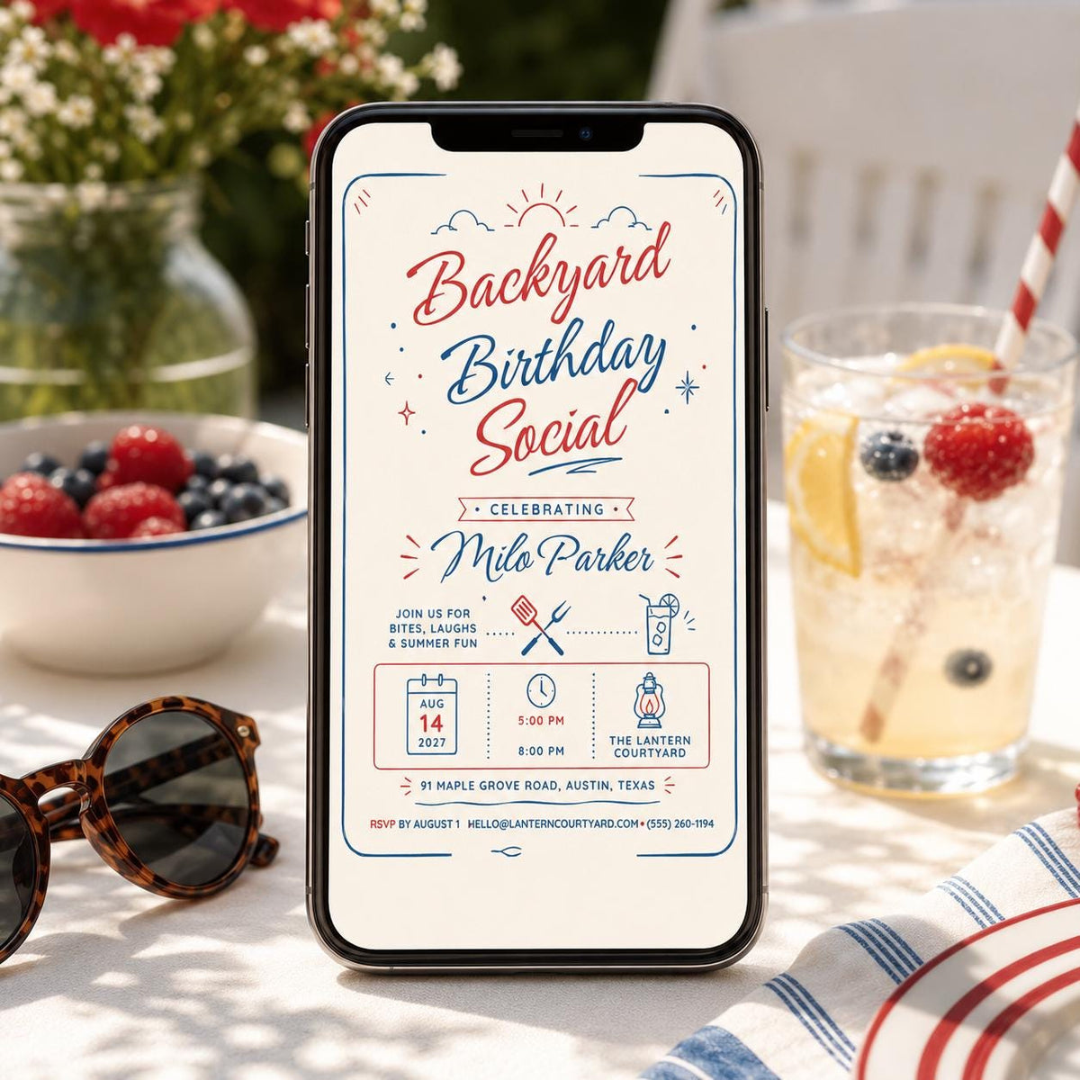 Blue and Red Backyard Birthday Invitation — invitation you personalize in Canva