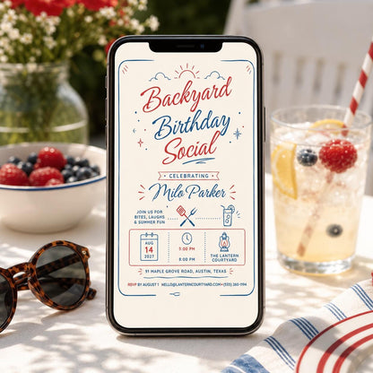 Blue and Red Backyard Birthday Invitation — invitation you personalize in Canva