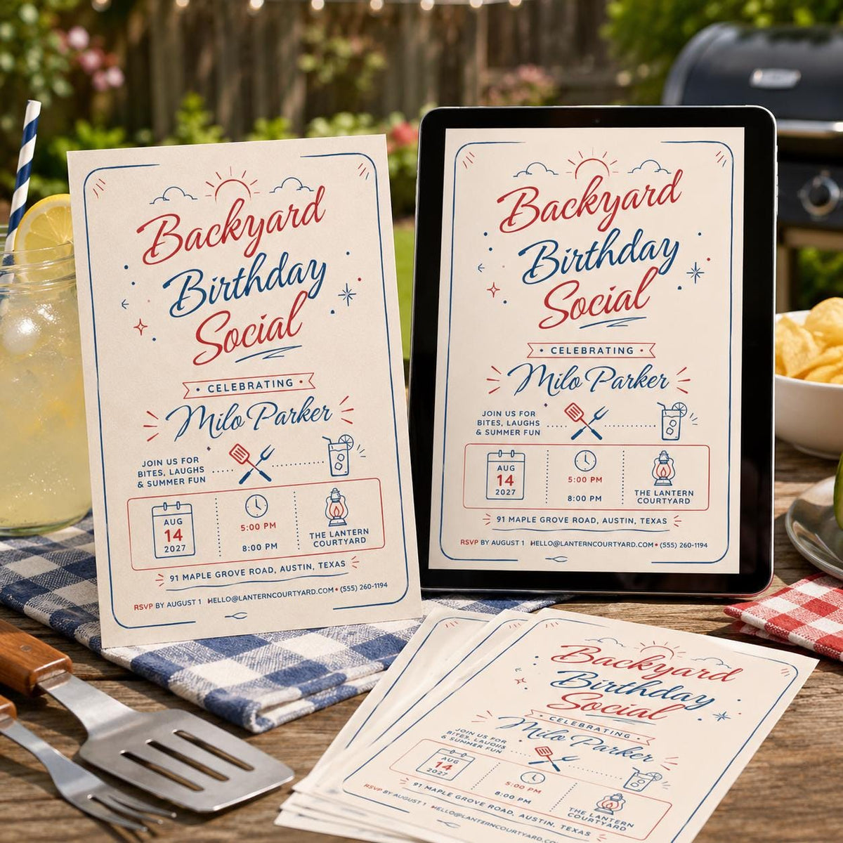 Blue and Red Backyard Birthday Invitation — retro birthday party design