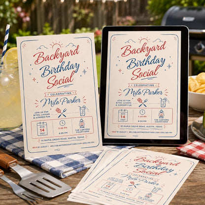 Blue and Red Backyard Birthday Invitation — retro birthday party design