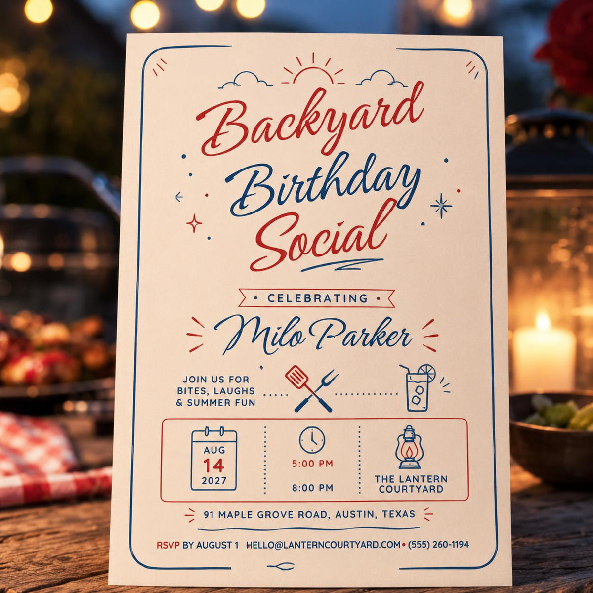 Blue and Red Backyard Birthday Invitation — print-ready birthday party design from VoltBy