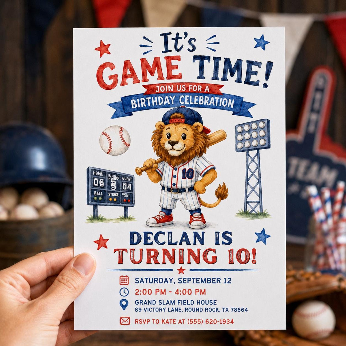 Blue and Red Baseball 10th Birthday Invitation for Boy — invitation you personalize in Canva