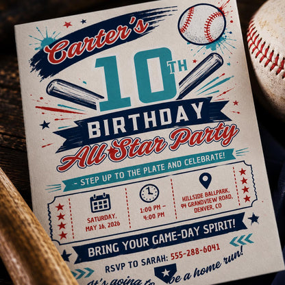 Blue and Red Baseball 10th Birthday Invitation for Boys — sports design
