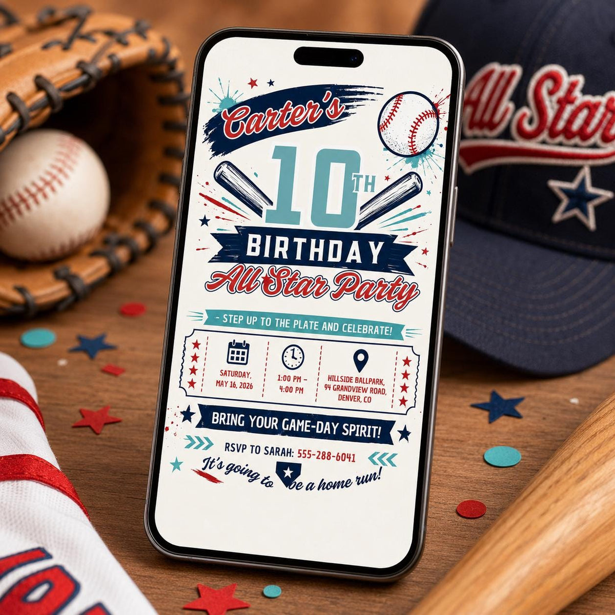 Blue and Red Baseball 10th Birthday Invitation for Boys — print-ready 10th birthday party design from VoltBy