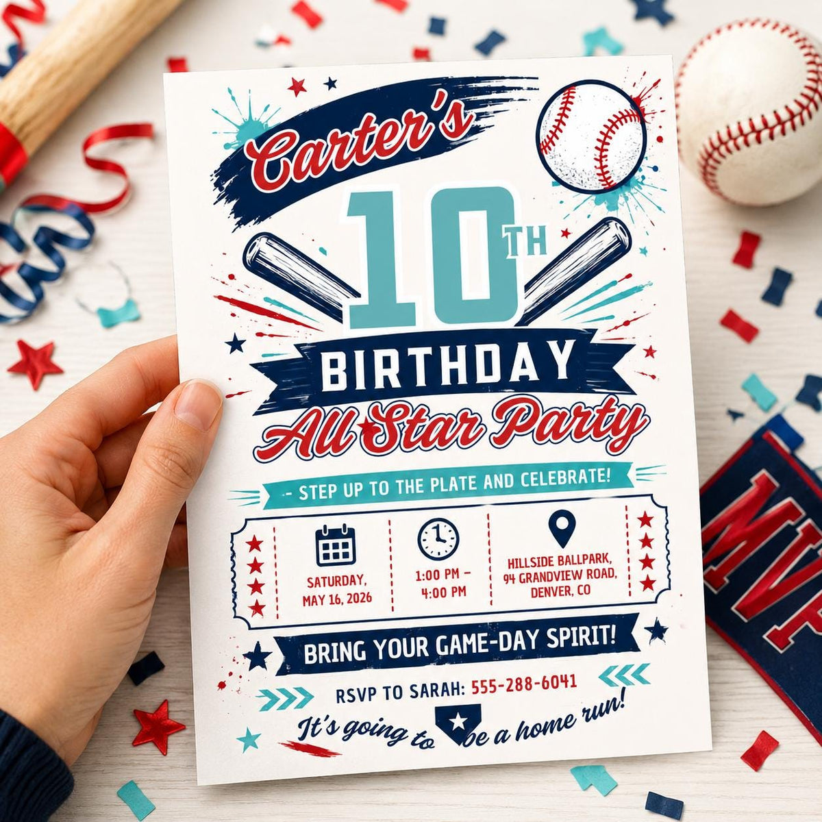Blue and Red Baseball 10th Birthday Invitation for Boys — digital invitation, instant download
