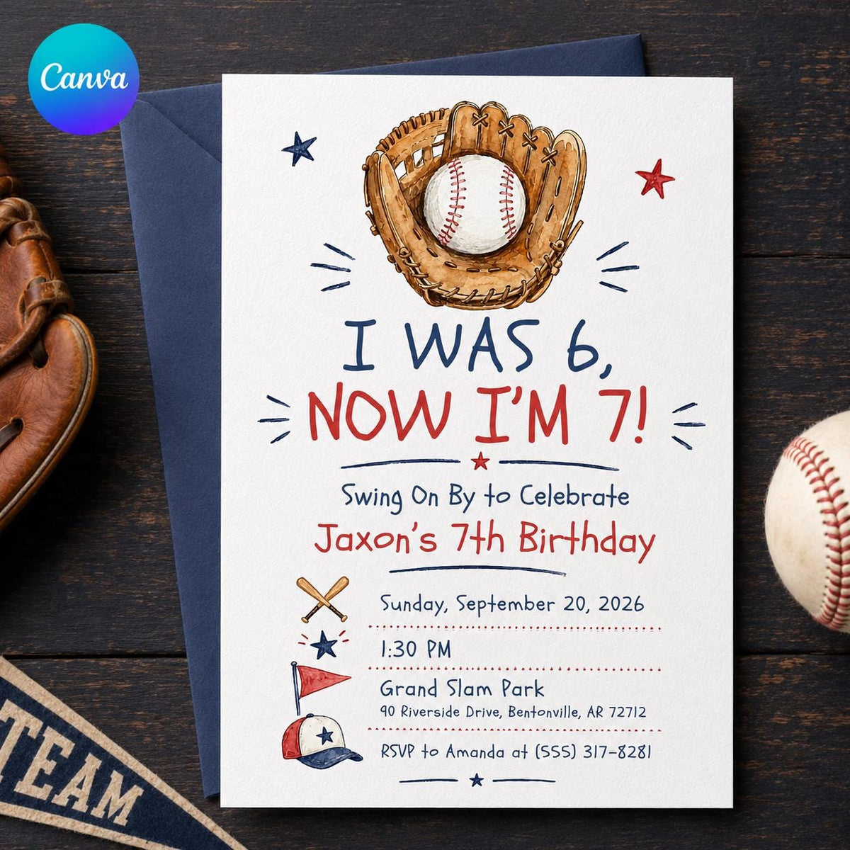 Blue and Red Baseball 7th Birthday Invitation — editable Canva template