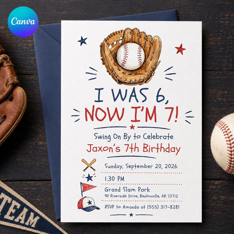Blue and Red Baseball 7th Birthday Invitation