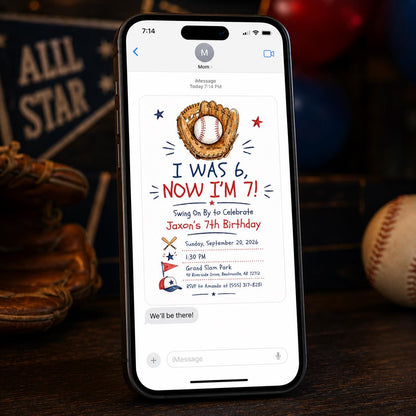 Blue and Red Baseball 7th Birthday Invitation — sports design