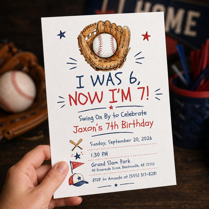 Blue and Red Baseball 7th Birthday Invitation — invitation you personalize in Canva