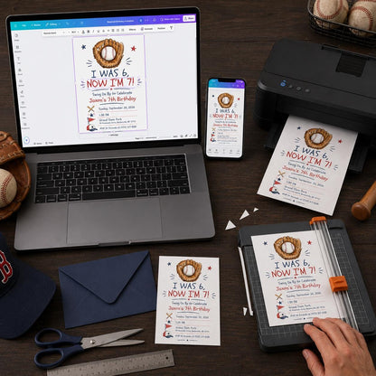 Blue and Red Baseball 7th Birthday Invitation — print-ready 7th birthday party design from VoltBy