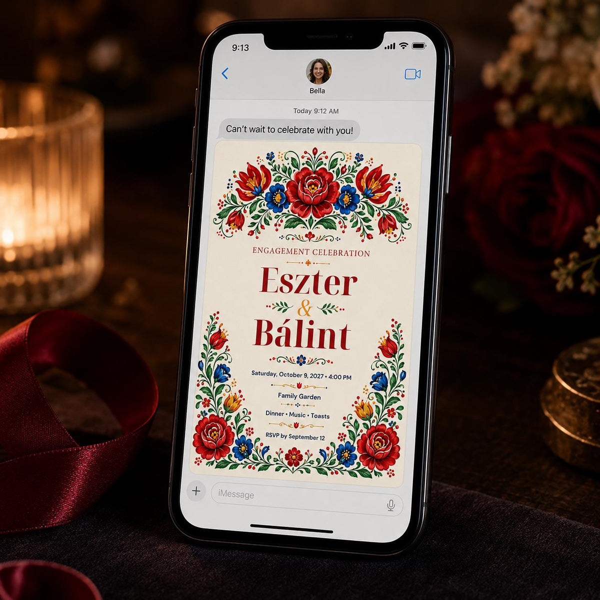 Blue and Red Hungarian Folk Engagement Invitation — floral design