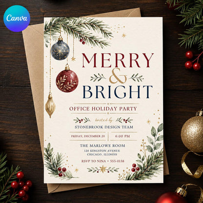 Blue and Red Office Holiday Party Invitation — editable Canva template
