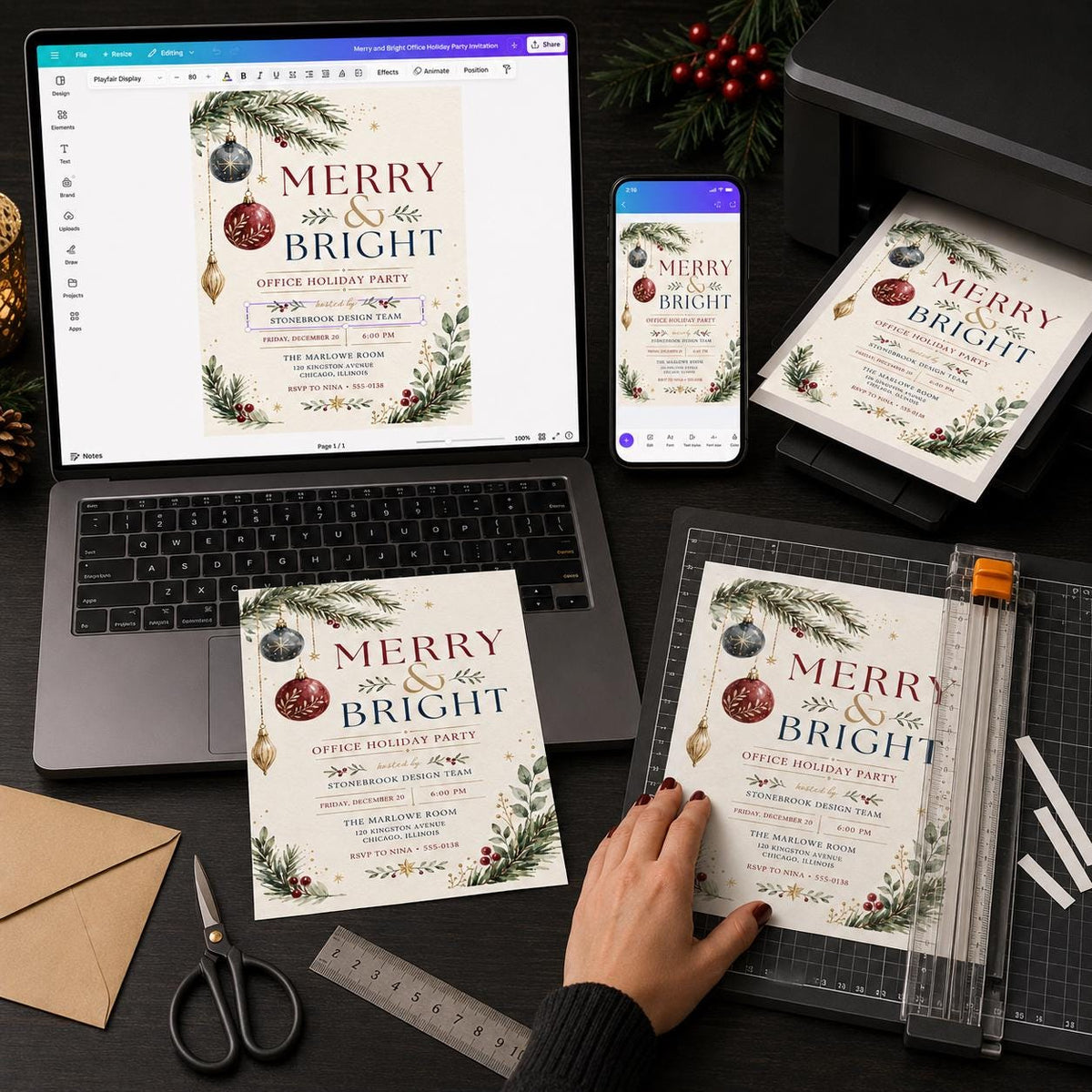 Blue and Red Office Holiday Party Invitation — elegant Christmas celebration design