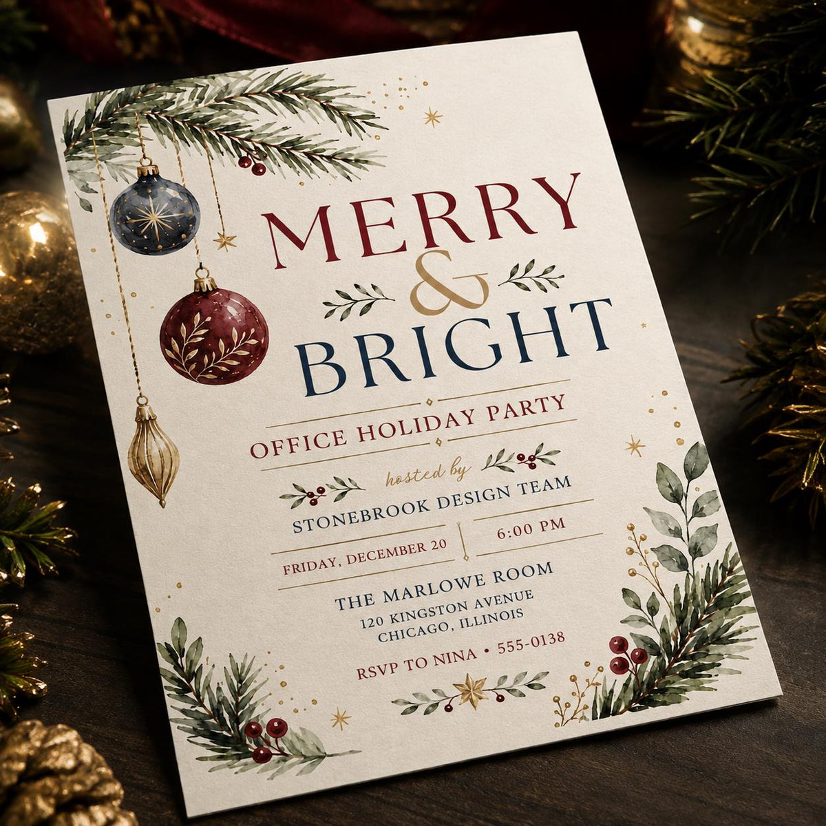 Blue and Red Office Holiday Party Invitation — print-ready Christmas celebration design from VoltBy