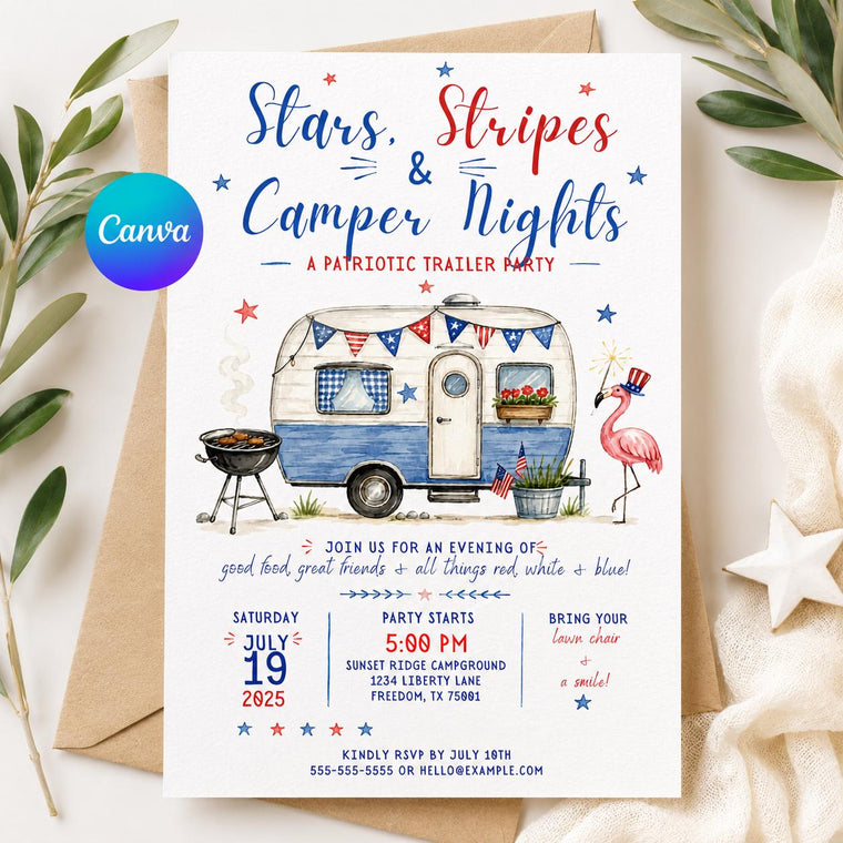 Blue and Red Patriotic Camping Invitation