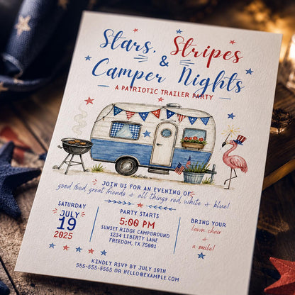 Blue and Red Patriotic Camping Invitation — invitation you personalize in Canva