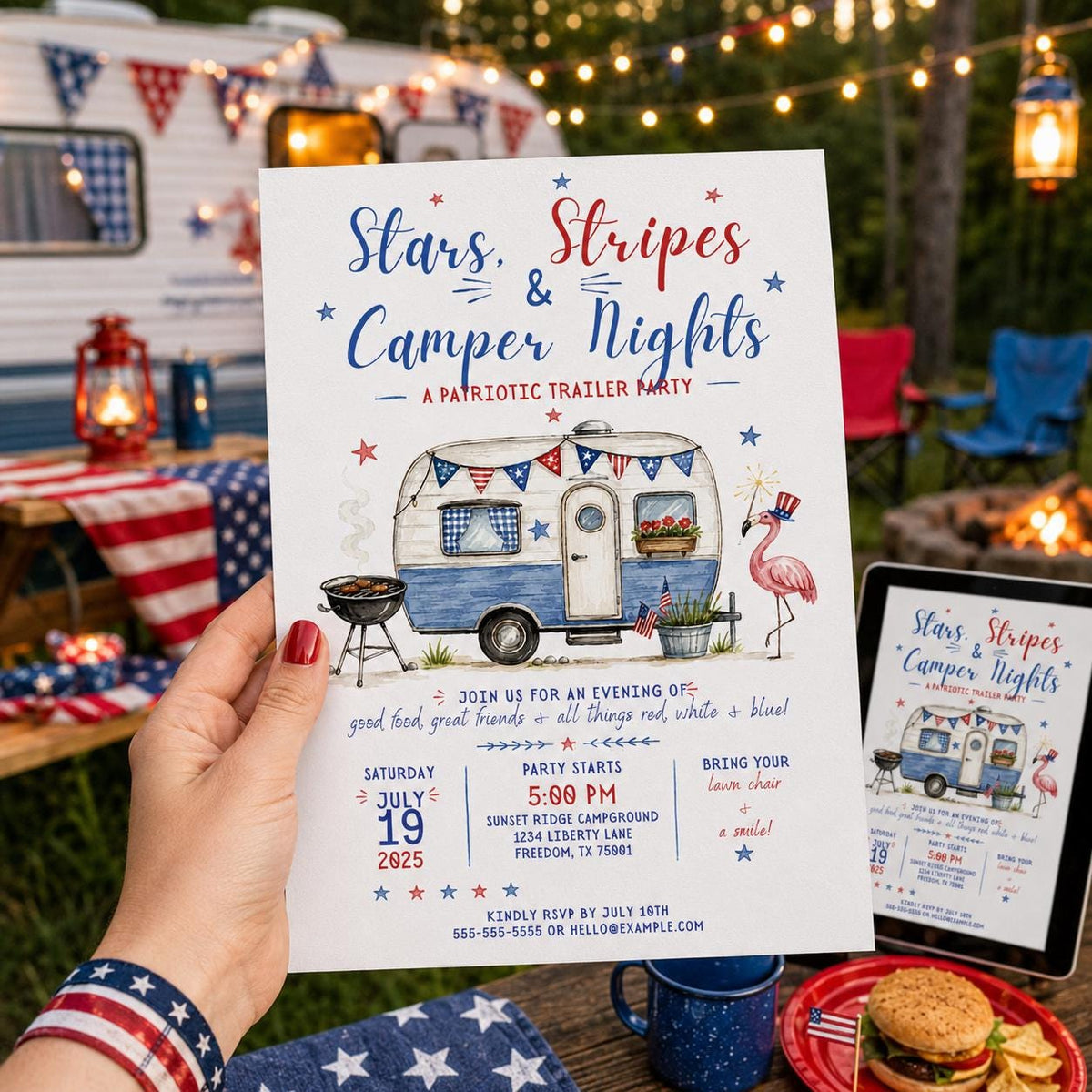 Blue and Red Patriotic Camping Invitation — print-ready Fourth of July party design from VoltBy