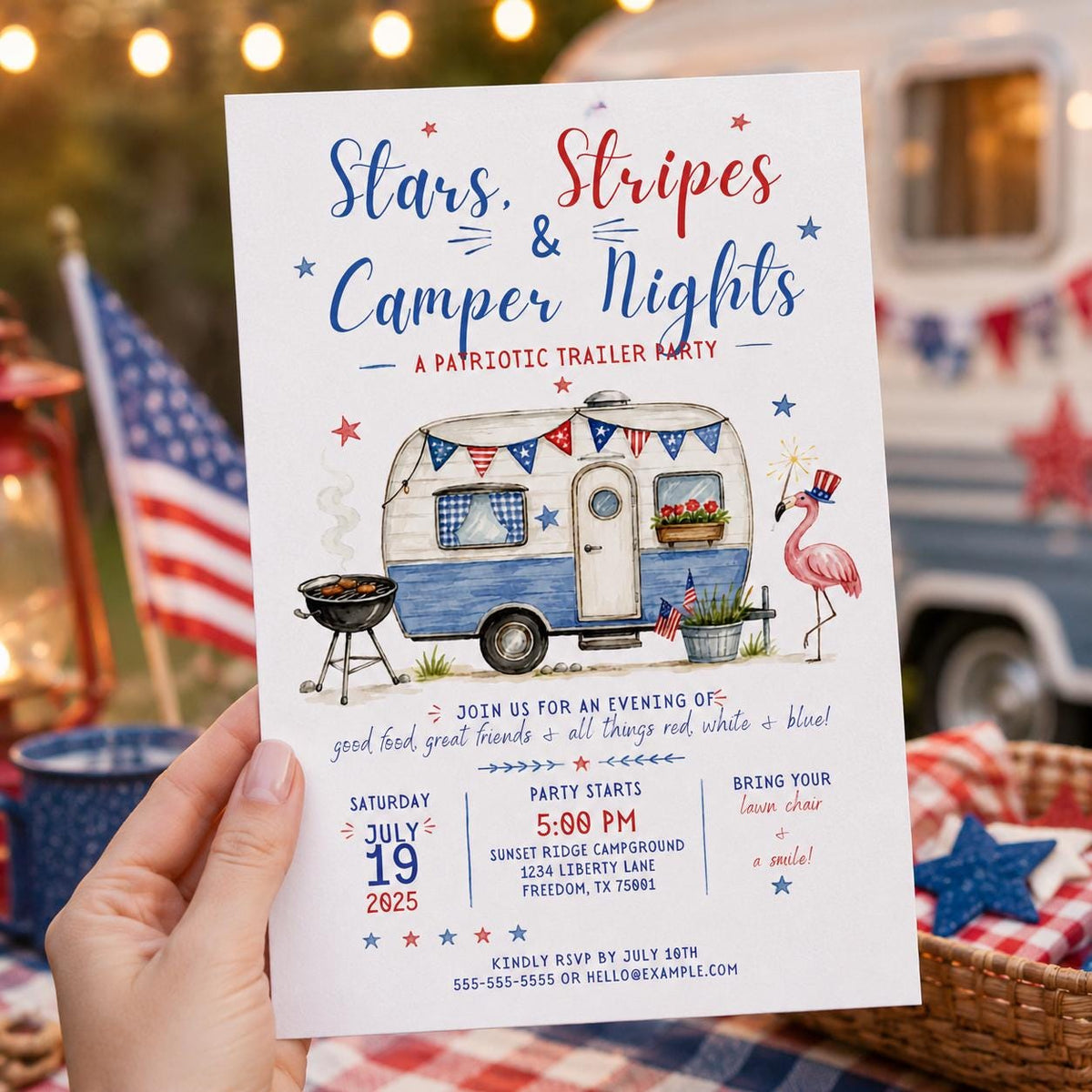 Blue and Red Patriotic Camping Invitation — digital invitation, instant download