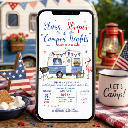 Blue and Red Patriotic Camping Invitation — Fourth of July party stationery by VoltBy