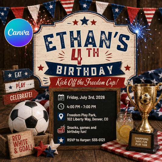 Blue and Red Patriotic Soccer 4th Birthday Invitation — editable Canva template