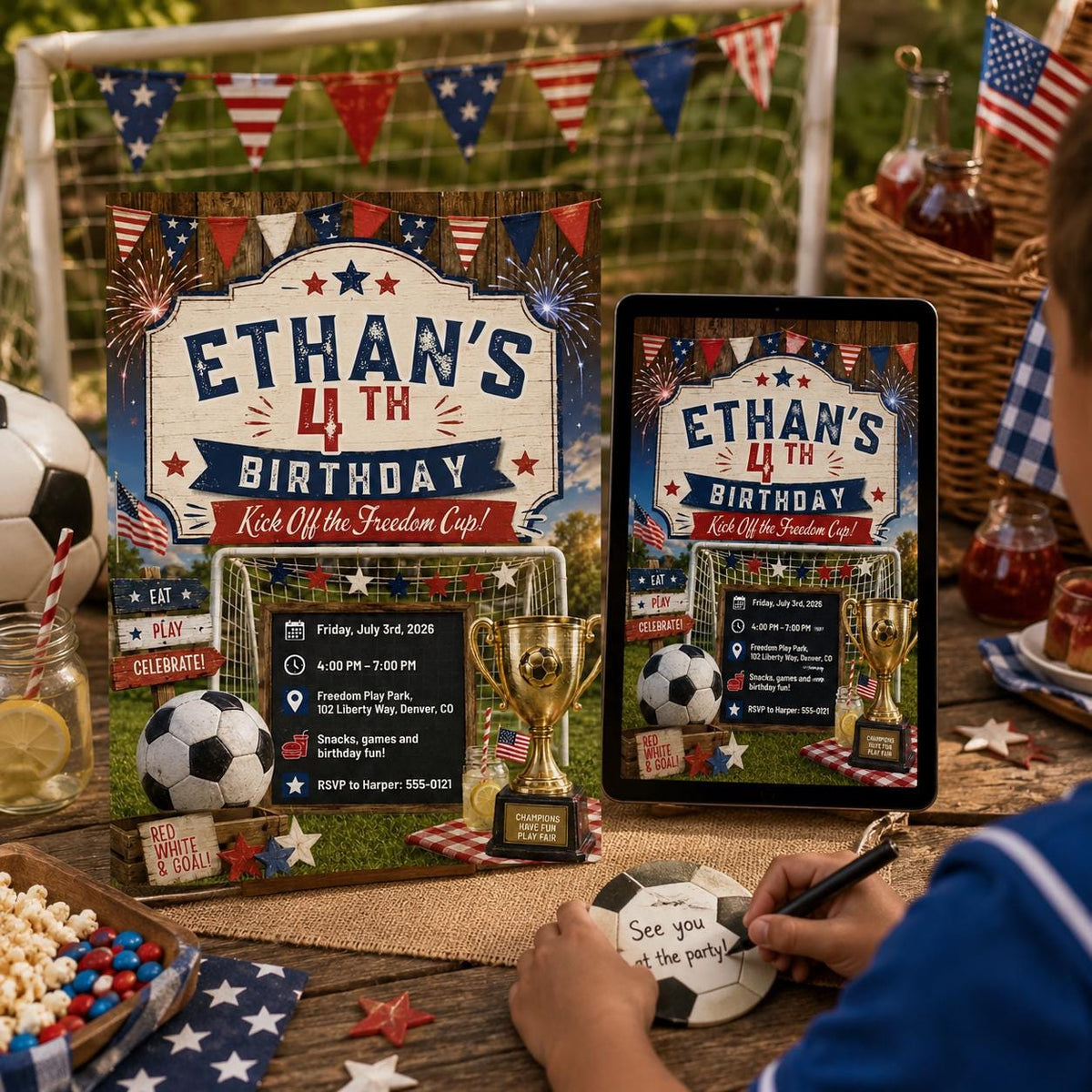 Blue and Red Patriotic Soccer 4th Birthday Invitation — invitation you personalize in Canva