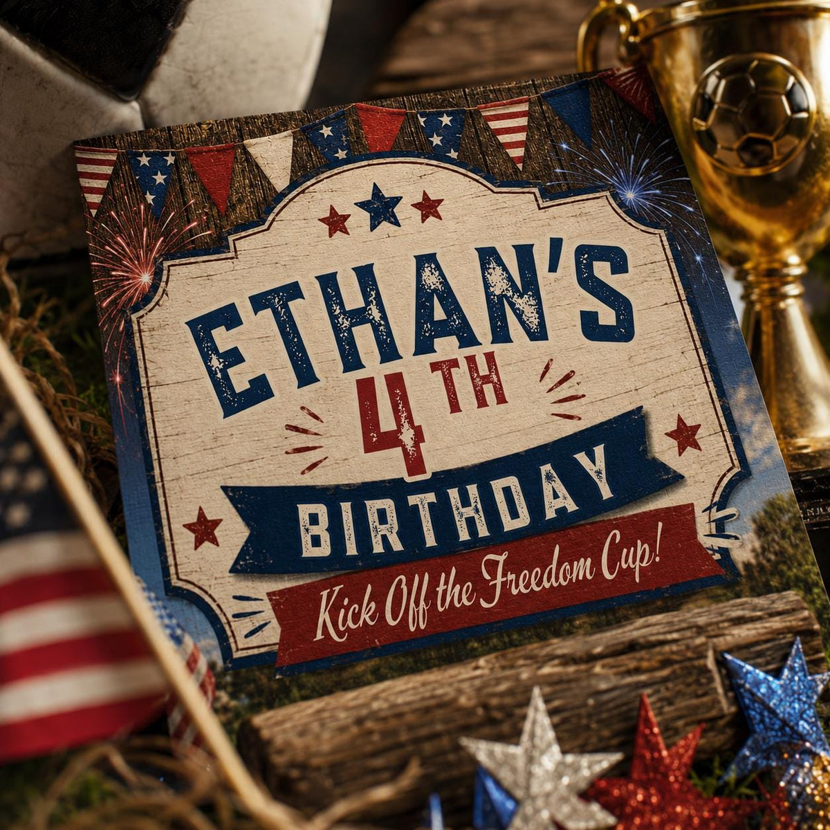 Blue and Red Patriotic Soccer 4th Birthday Invitation — print-ready 4th birthday party design from VoltBy