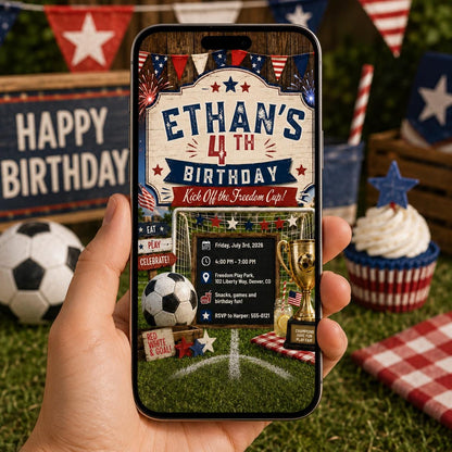 Blue and Red Patriotic Soccer 4th Birthday Invitation — digital invitation, instant download