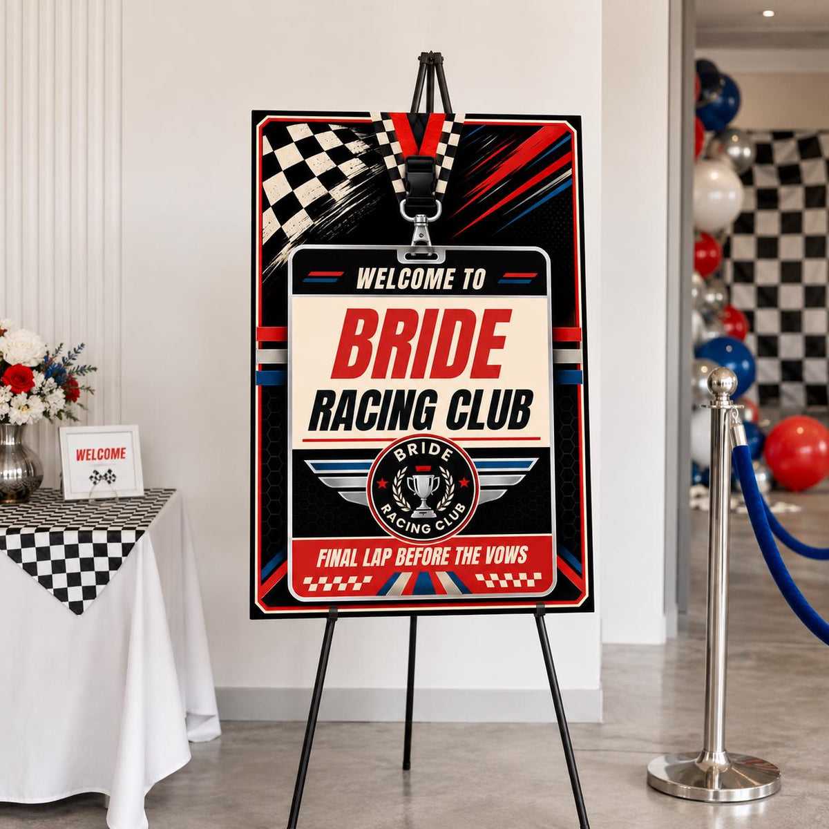 Blue and Red Racing Bridal Shower Welcome Sign — race car design