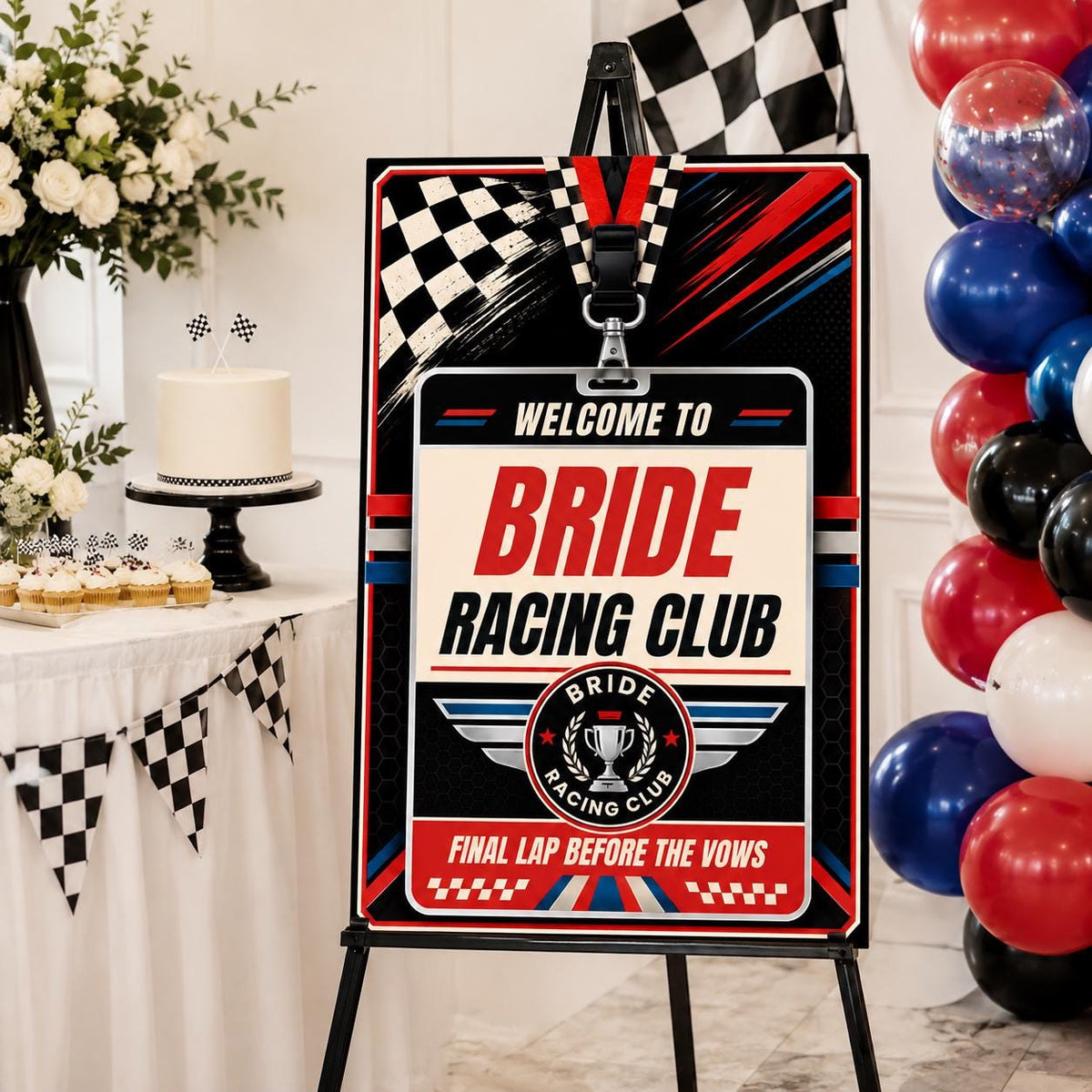 Blue and Red Racing Bridal Shower Welcome Sign — checkered bridal shower design
