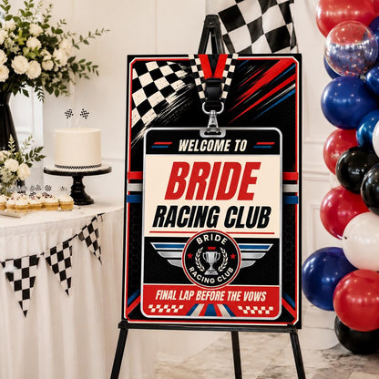 Blue and Red Racing Bridal Shower Welcome Sign — checkered bridal shower design