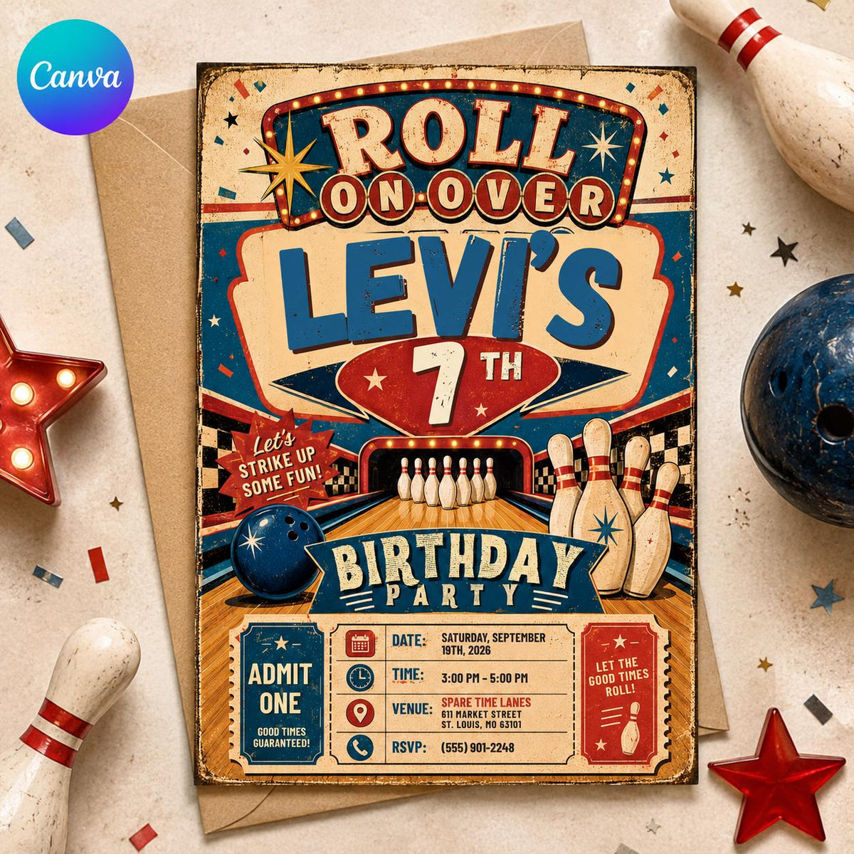 Blue and Red Retro Bowling 7th Birthday Invitation — editable Canva template