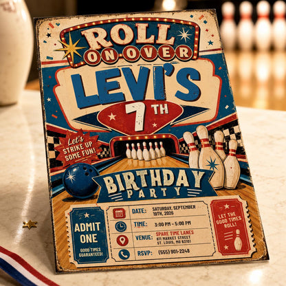 Blue and Red Retro Bowling 7th Birthday Invitation — digital invitation, instant download