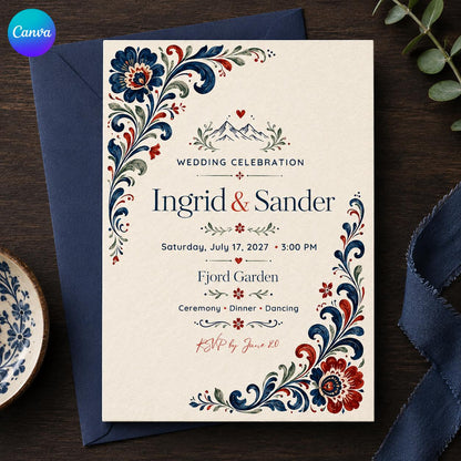 Blue and Red Scandinavian Wedding Invitation — editable Canva template